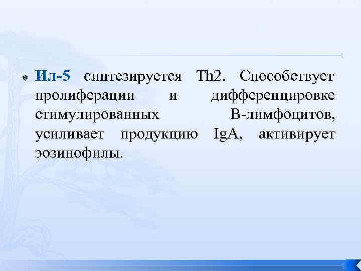   Ил-5 синтезируется Th 2.  Способствует пролиферации и дифференцировке стимулированных  В-лимфоцитов,