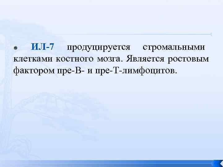   ИЛ-7 продуцируется стромальными клетками костного мозга. Является ростовым фактором пре-В- и пре-Т-лимфоцитов.