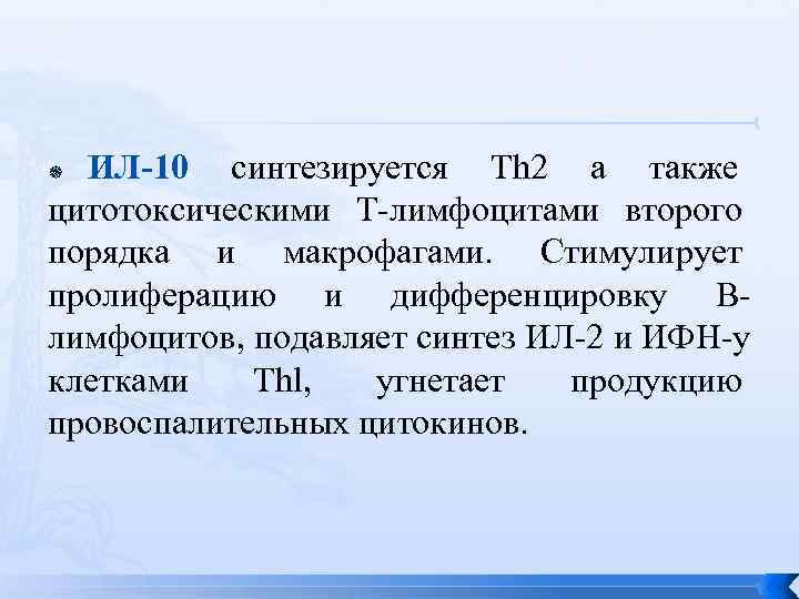  ИЛ-10 синтезируется Th 2 а также цитотоксическими Т-лимфоцитами второго порядка и макрофагами. 