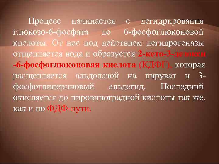 Процесс начинается с дегидрирования глюкозо 6 фосфата до 6 фосфоглюконовой кислоты. От Процесс начинается с дегидрирования глюкозо 6 фосфата до 6 фосфоглюконовой кислоты. От