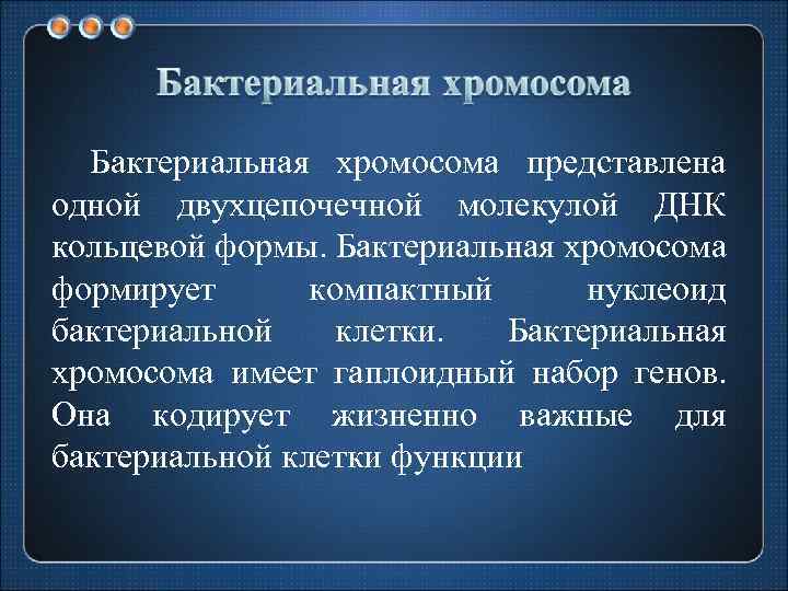 Бактериальная хромосома представлена одной двухцепочечной молекулой ДНК кольцевой формы. Бактериальная хромосома формирует компактный нуклеоид