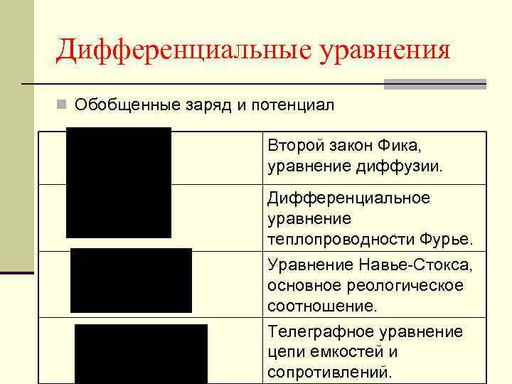 Дифференциальные уравнения n Обобщенные заряд и потенциал Второй закон Фика, уравнение диффузии. Дифференциальное уравнение