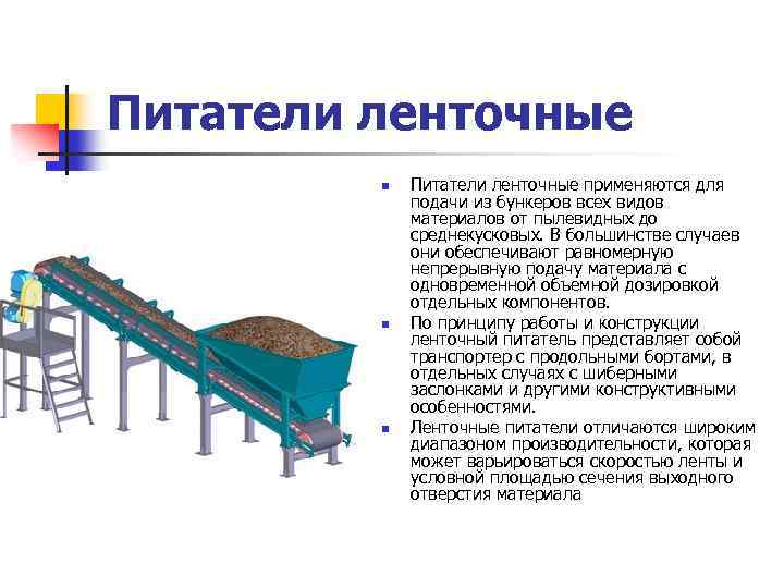 Питатели ленточные n n n Питатели ленточные применяются для подачи из бункеров всех видов