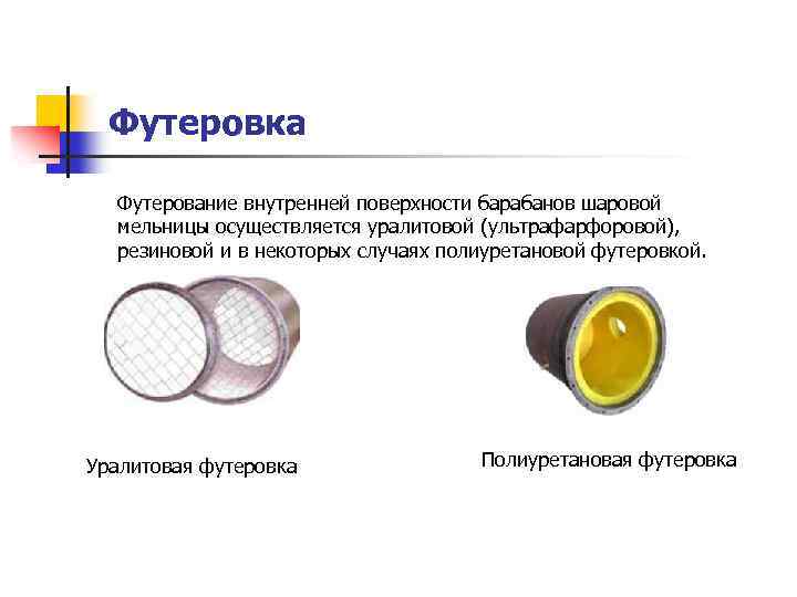 Футеровка Футерование внутренней поверхности барабанов шаровой мельницы осуществляется уралитовой (ультрафарфоровой), резиновой и в некоторых