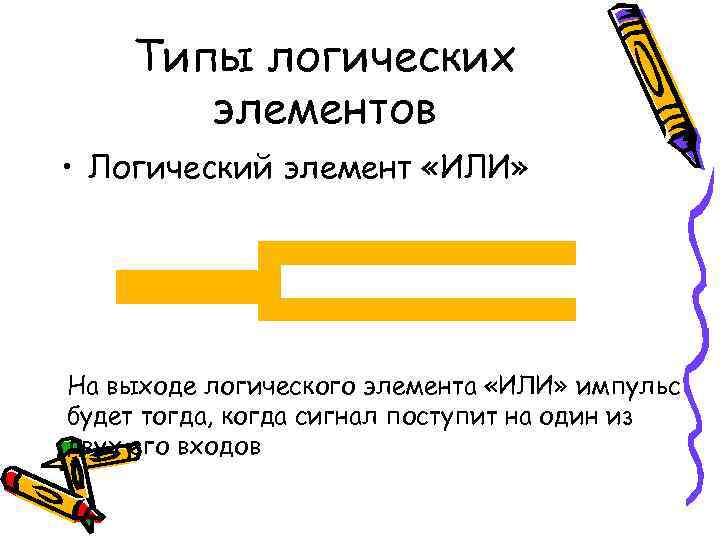   Типы логических  элементов • Логический элемент «ИЛИ» На выходе логического элемента