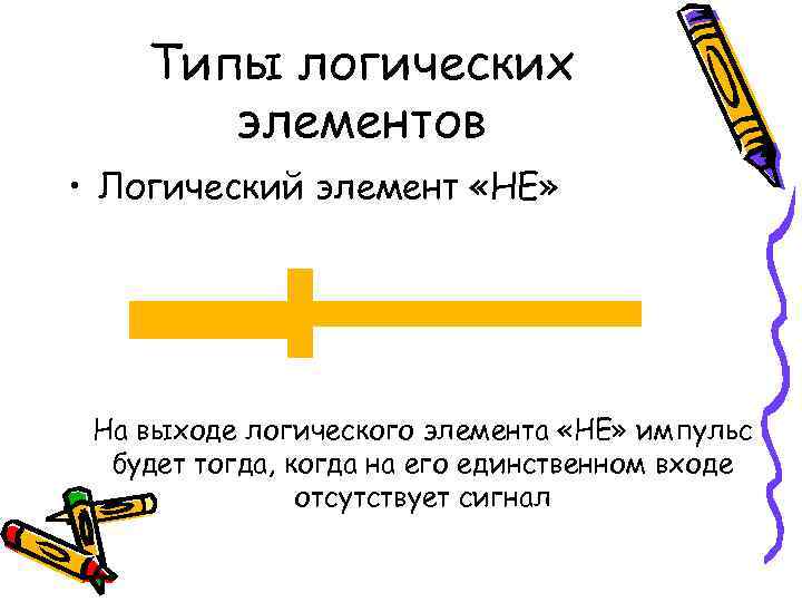   Типы логических  элементов • Логический элемент «НЕ»  На выходе логического
