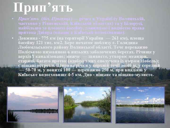Прип’ять • Прип'ять (біл. Прыпяць) — річка в Україні (у Волинській, частково у Рівненській, Прип’ять • Прип'ять (біл. Прыпяць) — річка в Україні (у Волинській, частково у Рівненській,