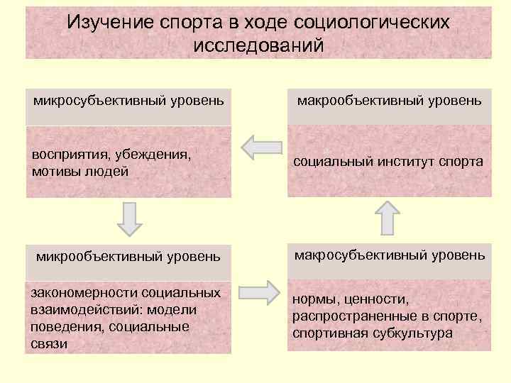   Изучение спорта в ходе социологических   исследований микросубъективный уровень  макрообъективный