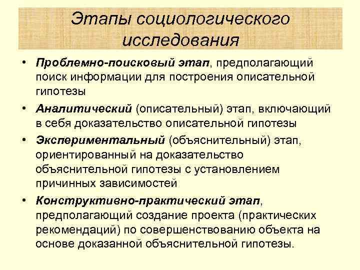   Этапы социологического  исследования • Проблемно-поисковый этап, предполагающий  поиск информации для
