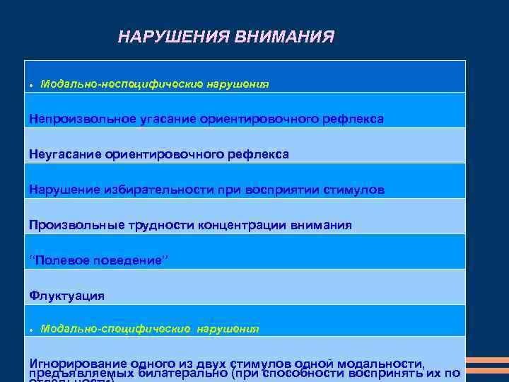 НАРУШЕНИЯ ВНИМАНИЯ Модально-неспецифические нарушения Непроизвольное угасание ориентировочного рефлекса Неугасание ориентировочного рефлекса Нарушение избирательности при