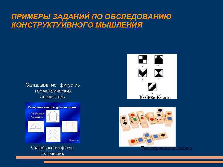 ПРИМЕРЫ ЗАДАНИЙ ПО ОБСЛЕДОВАНИЮ КОНСТРУКТУИВНОГО МЫШЛЕНИЯ Складывание фигур из геометрических элементов Складывание фигур из