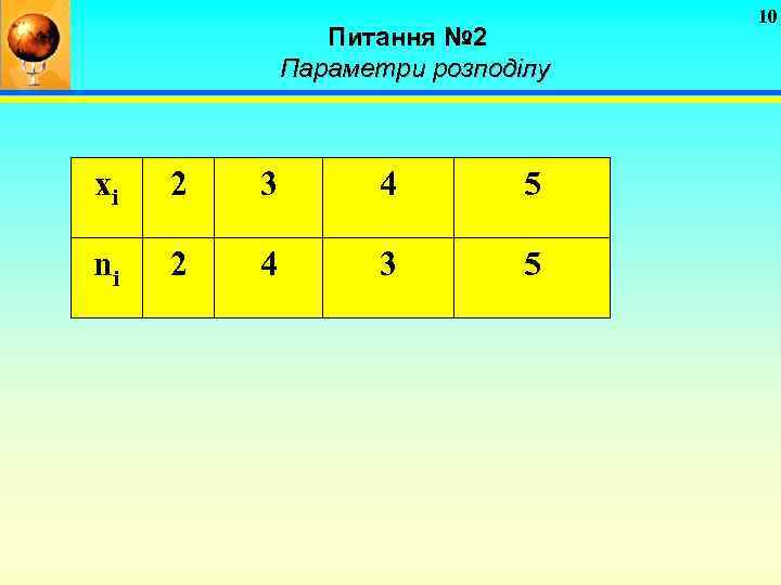 Питання № 2 Параметри розподілу хi 2 3 4 5 ni 2 4 3