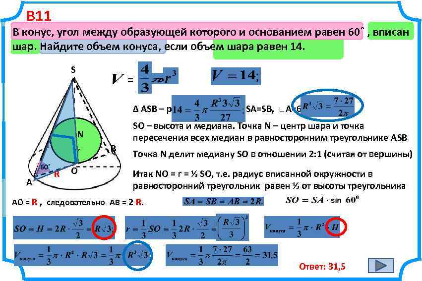 В 11 В конус, угол между образующей которого и основанием равен 60˚ , вписан