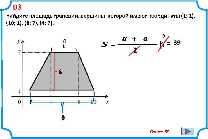 В 3 Найдите площадь трапеции, вершины которой имеют координаты (1; 1), (10; 1), (8;