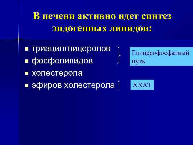 В печени активно идет синтез эндогенных липидов: триацилглицеролов n фосфолипидов n холестерола n эфиров