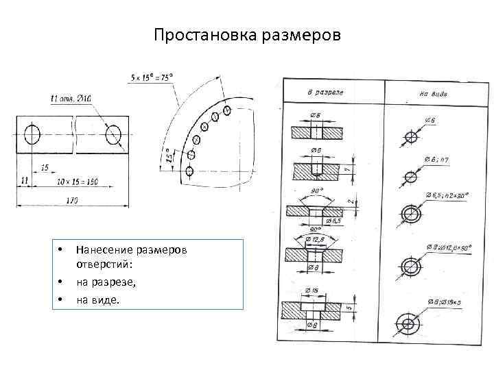 Простановка размеров • • • Нанесение размеров отверстий: на разрезе, на виде. 