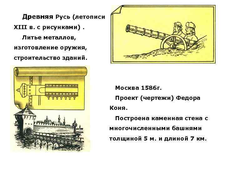 Древняя Русь (летописи XIII в. с рисунками). Литье металлов, изготовление оружия, строительство зданий. Москва