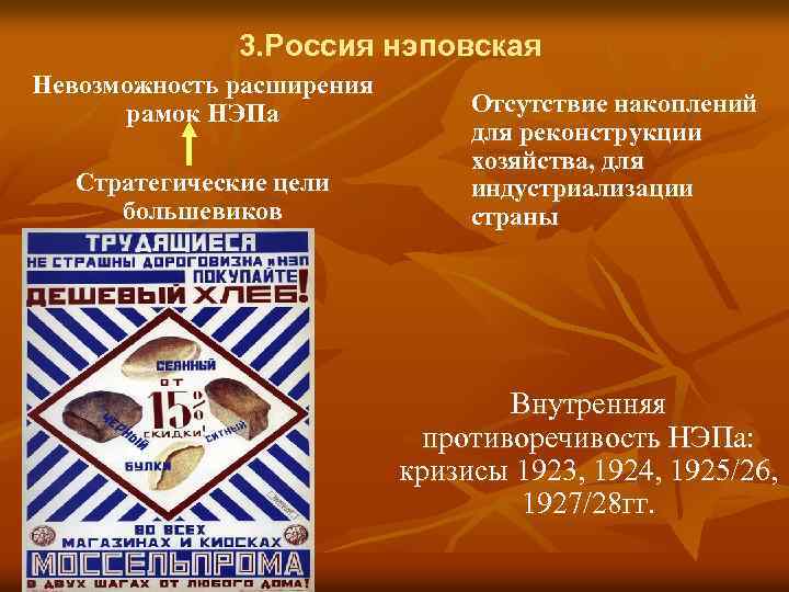 3. Россия нэповская Невозможность расширения рамок НЭПа Стратегические цели большевиков Отсутствие накоплений для реконструкции