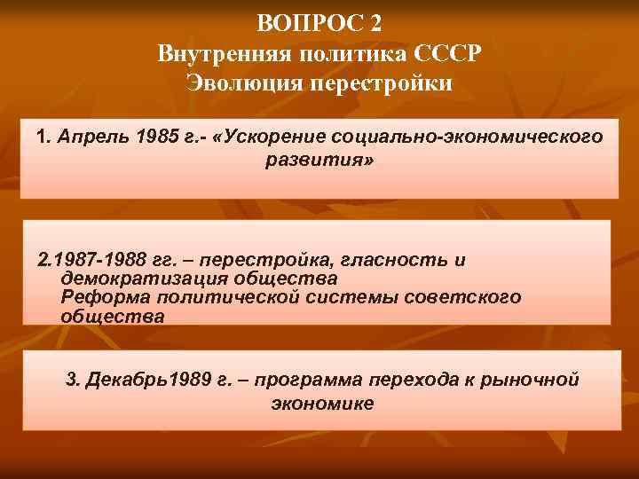 ВОПРОС 2 Внутренняя политика СССР Эволюция перестройки 1. Апрель 1985 г. - «Ускорение социально-экономического
