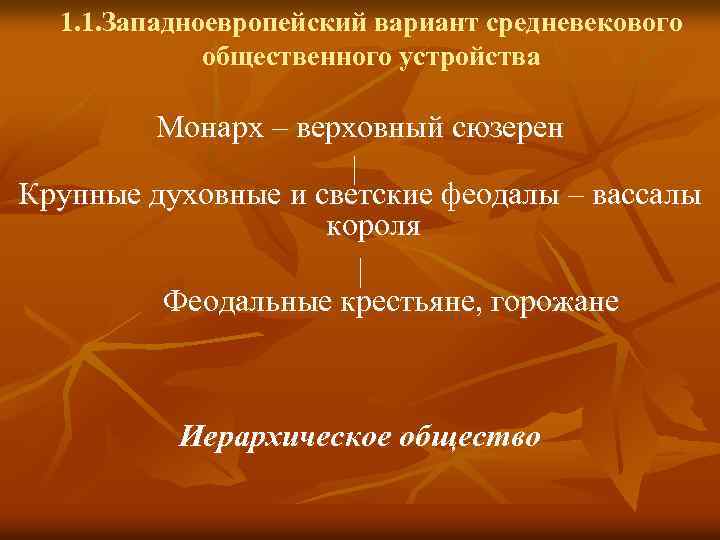 1. 1. Западноевропейский вариант средневекового общественного устройства Монарх – верховный сюзерен Крупные духовные и