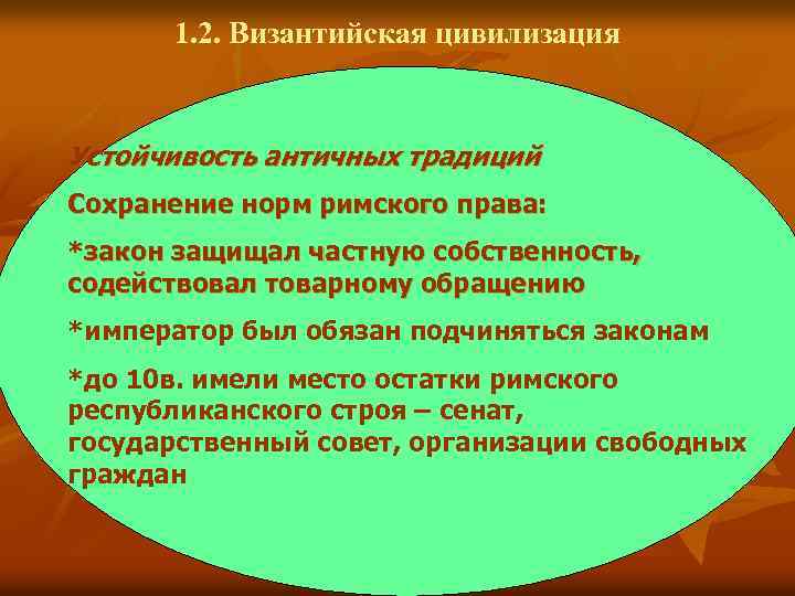 1. 2. Византийская цивилизация Устойчивость античных традиций Сохранение норм римского права: *закон защищал частную