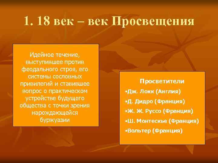 1. 18 век – век Просвещения Идейное течение, выступившее против феодального строя, его системы