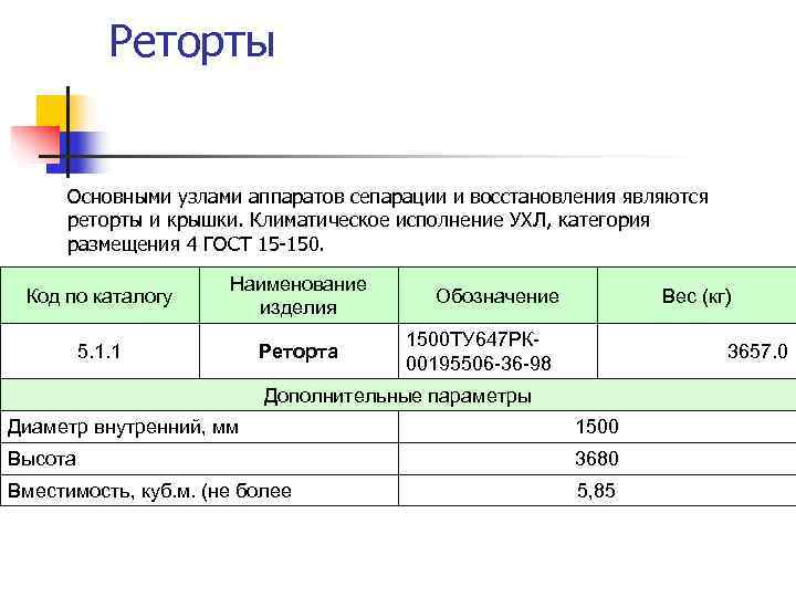   Реторты   Основными узлами аппаратов сепарации и восстановления являются  реторты
