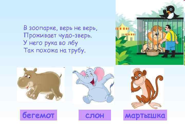 В зоопарке, верь не верь, Проживает чудо-зверь. У него рука во лбу Так похожа