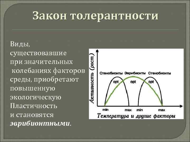  Закон толерантности Виды,  существовавшие при значительных колебаниях факторов среды, приобретают повышенную экологическую