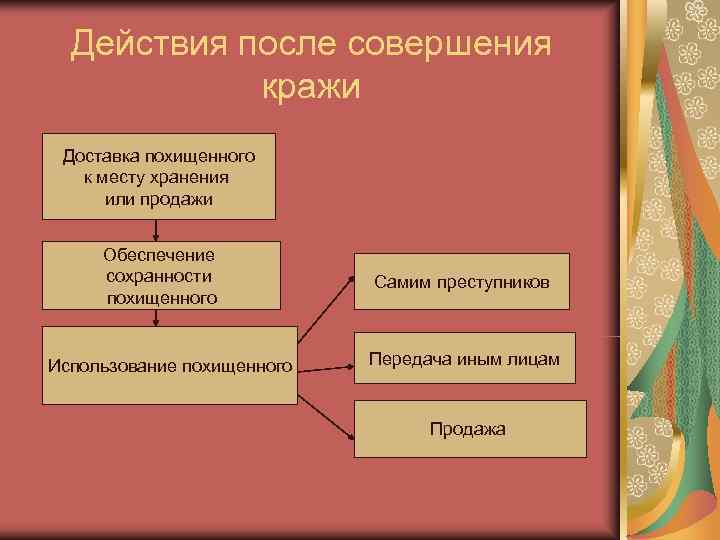 Действия после совершения кражи Доставка похищенного к месту хранения Действия после совершения кражи Доставка похищенного к месту хранения