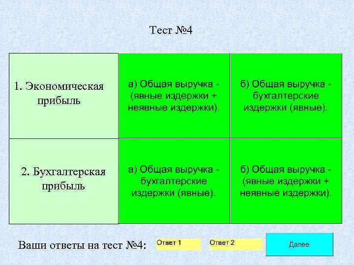      Тест № 4  1. Экономическая прибыль 2. Бухгалтерская