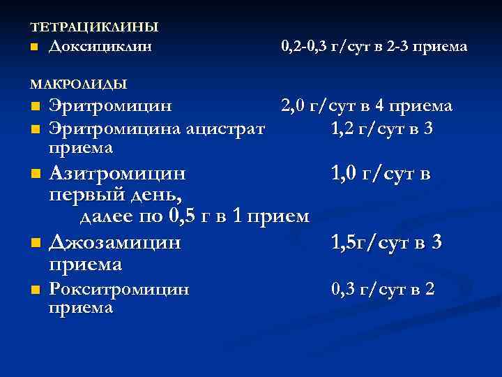 ТЕТРАЦИКЛИНЫ n  Доксициклин   0, 2 -0, 3 г/сут в 2 -3