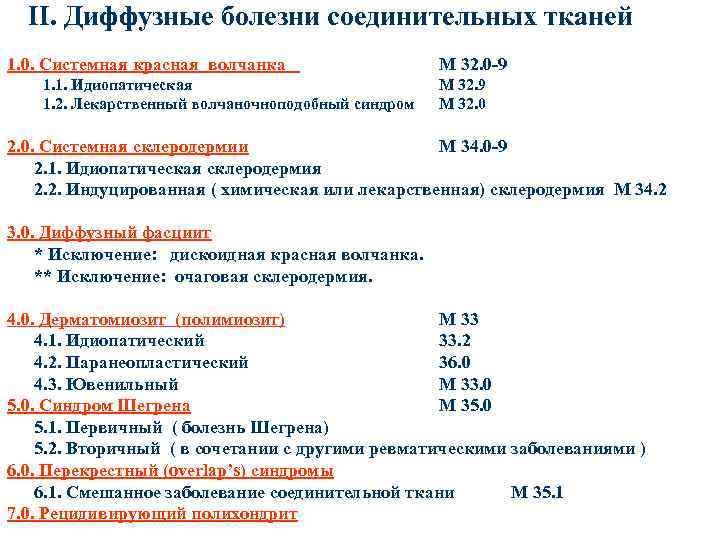 II. Диффузные болезни соединительных тканей 1. 0. Системная красная волчанка 1. 1. Идиопатическая 1.