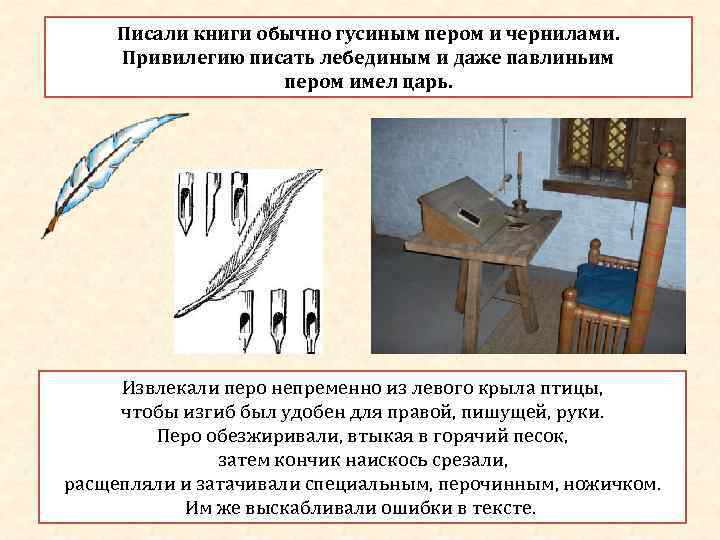  Писали книги обычно гусиным пером и чернилами.  Привилегию писать лебединым и даже