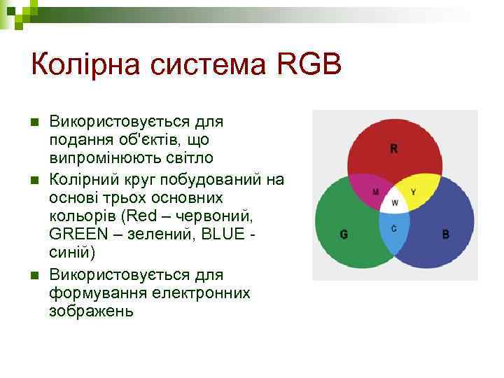 Колірна система RGB n  Використовується для подання об'єктів, що випромінюють світло n 