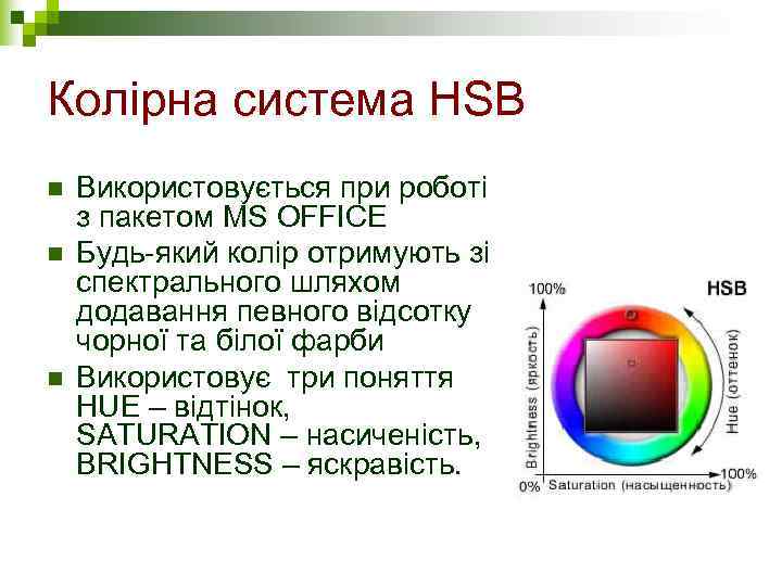 Колірна система HSB n  Використовується при роботі з пакетом MS OFFICE n 