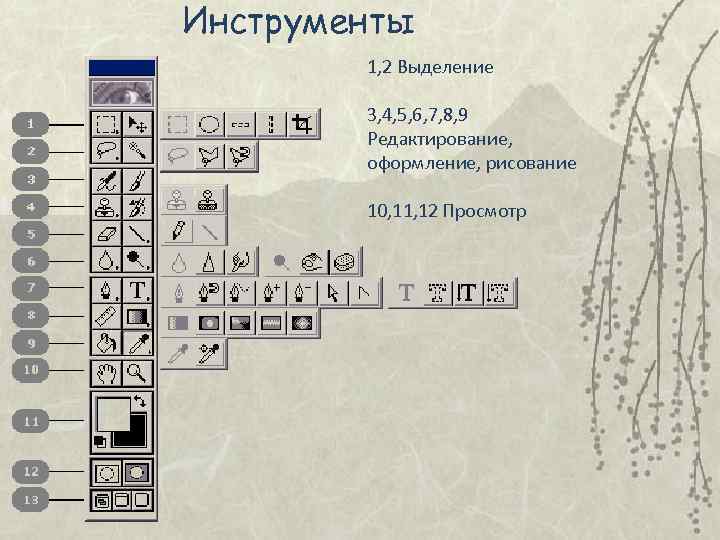 Инструменты   1, 2 Выделение   3, 4, 5, 6, 7, 8,