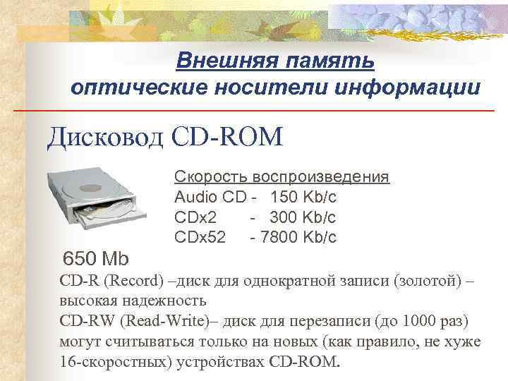    Внешняя память оптические носители информации Дисковод CD-ROM    Скорость