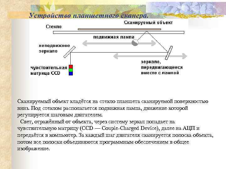   Устройство планшетного сканера. Сканируемый объект кладётся на стекло планшета сканируемой поверхностью вниз.