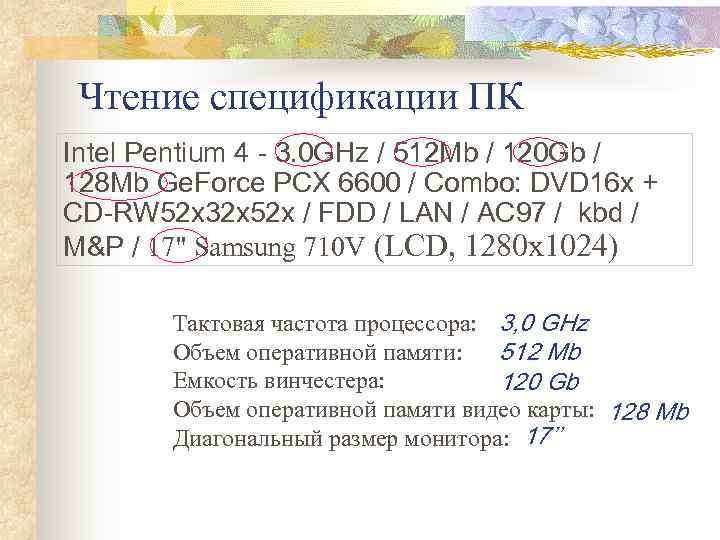  Чтение спецификации ПК Intel Pentium 4 - 3. 0 GHz / 512 Mb