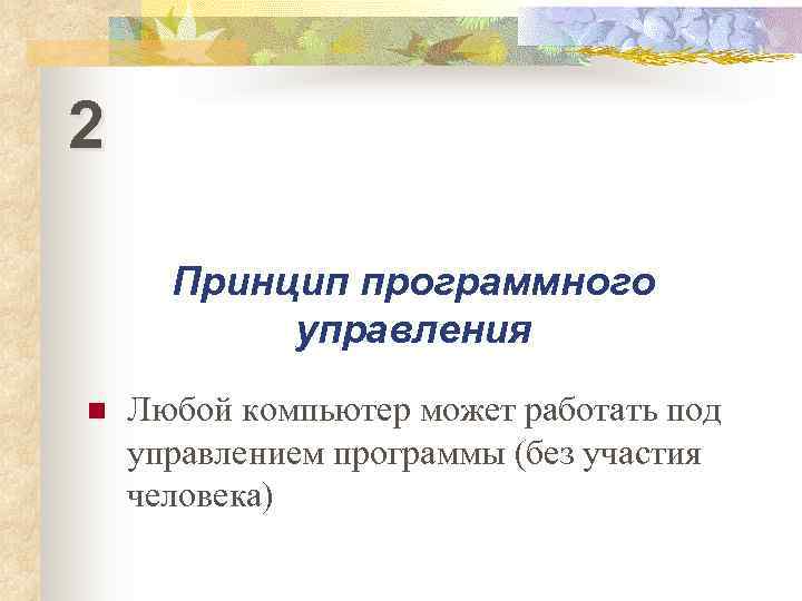 2  Принцип программного  управления n  Любой компьютер может работать под управлением