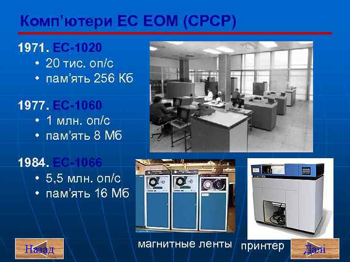 Комп’ютери ЕС ЕОМ (СРСР) 1971. ЕС-1020 • 20 тис. оп/c • пам’ять 256 Кб