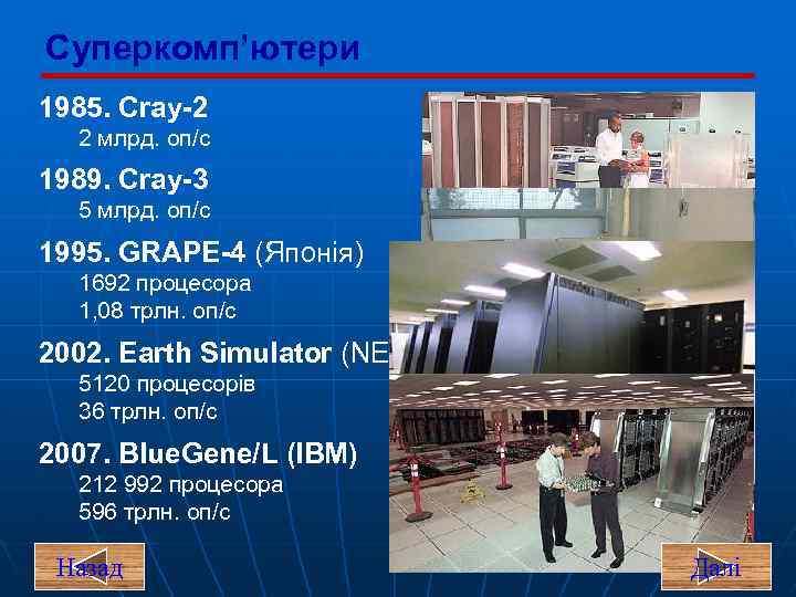 Суперкомп’ютери 1985. Cray-2 2 млрд. оп/c 1989. Cray-3 5 млрд. оп/c 1995. GRAPE-4 (Японія)