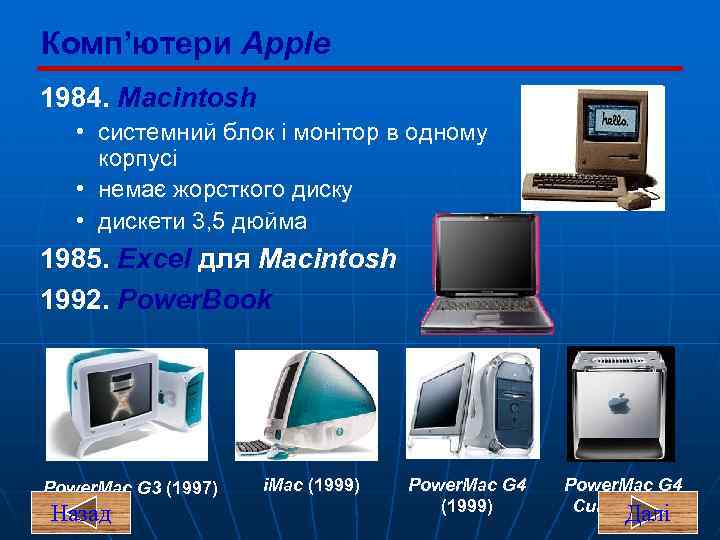 Комп’ютери Apple 1984. Macintosh • системний блок і монітор в одному корпусі • немає