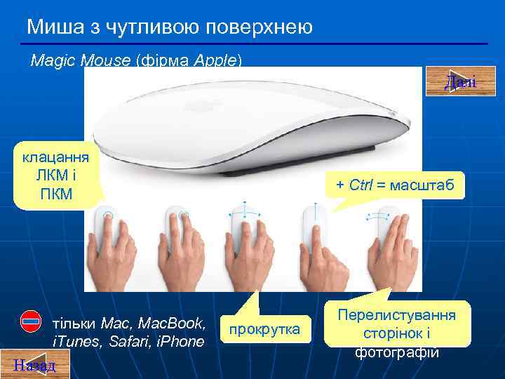 Миша з чутливою поверхнею Magic Mouse (фірма Apple) Далі клацання ЛКМ і ПКМ тільки