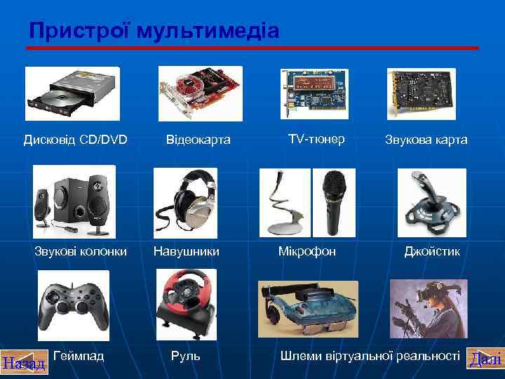 Пристрої мультимедіа Дисковід CD/DVD Відеокарта Звукові колонки Навушники Геймпад Руль Назад TV-тюнер Мікрофон Звукова