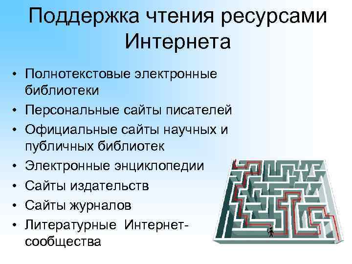  Поддержка чтения ресурсами  Интернета • Полнотекстовые электронные  библиотеки • Персональные сайты