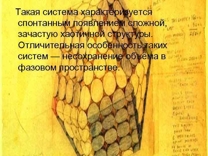  Такая система характеризуется  спонтанным появлением сложной, зачастую хаотичной структуры. Отличительная особенность таких