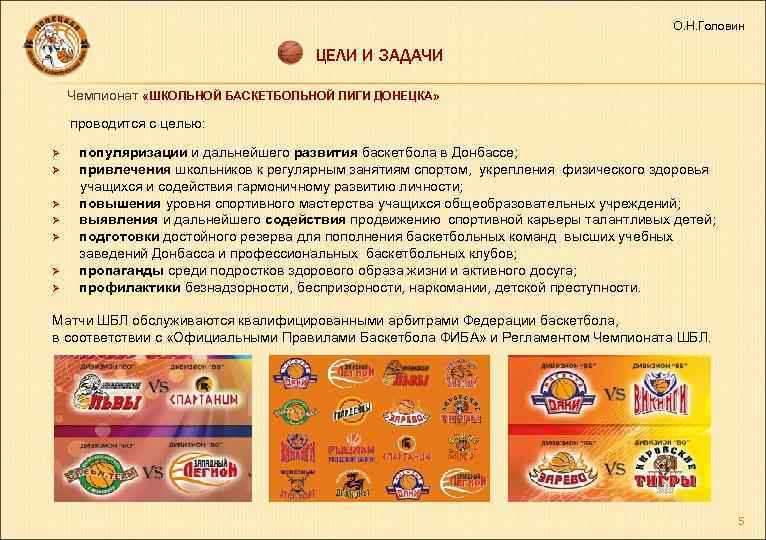 О. Н. Головин ЦЕЛИ И ЗАДАЧИ Чемпионат «ШКОЛЬНОЙ БАСКЕТБОЛЬНОЙ ЛИГИ ДОНЕЦКА» проводится с целью: