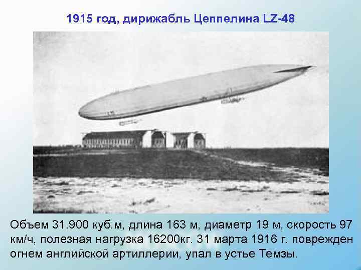    1915 год, дирижабль Цеппелина LZ-48 Объем 31. 900 куб. м, длина
